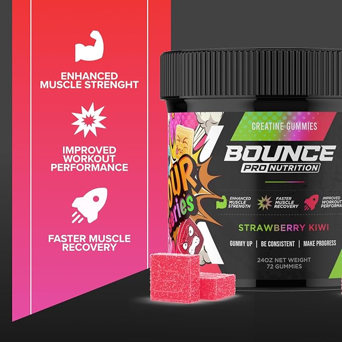 Bounce Pro Creatine Monohydrate Gummies for Men & Women, Low Calorie, 6G of Creatine per Serving, Vegan, Anti-Melting, Gluten-Free, Non-GMO (72 Count (Pack of 1), Strawberry Kiwi)