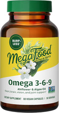 MegaFood Vegan Omega 3 6 9 - Burp-Less Supplement - 600 mg Plant-Based Omega 3 & 150 mg DHA Per Serving - Heart, Brain, Vision & Joint Support - Fish Oil Alternative - 60 Capsules, 30 Servings