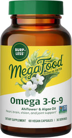 MegaFood Vegan Omega 3 6 9 - Burp-Less Supplement - 600 mg Plant-Based Omega 3 & 150 mg DHA Per Serving - Heart, Brain, Vision & Joint Support - Fish Oil Alternative - 60 Capsules, 30 Servings