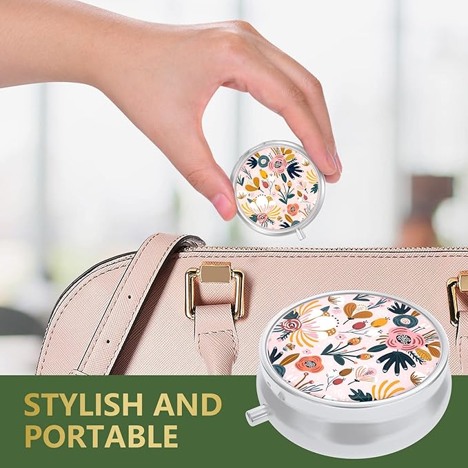 3 Pack Pill Box, Small Pill Case for Purse & Pocket, Cute Travel Medicine Organizer, Portable Medicine Container Holder to Hold Vitamins, Medication, Fish Oil & Supplement, Pink White Flowers
