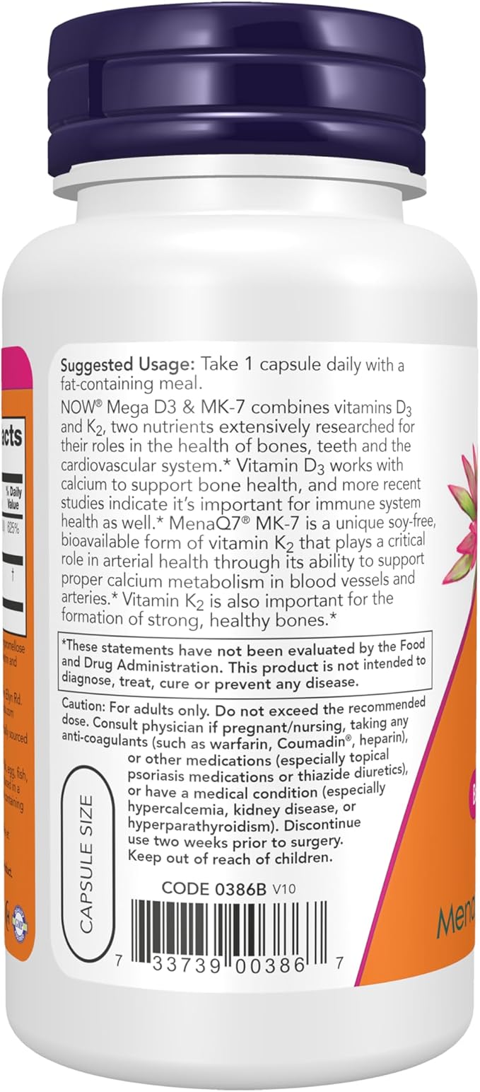 NOW Supplements, Mega D-3 & MK-7, 5000 IU / 180 mcg, Bone & Cardiovascular Support*, Vitamins K-3 & K-2, 120 Capsules