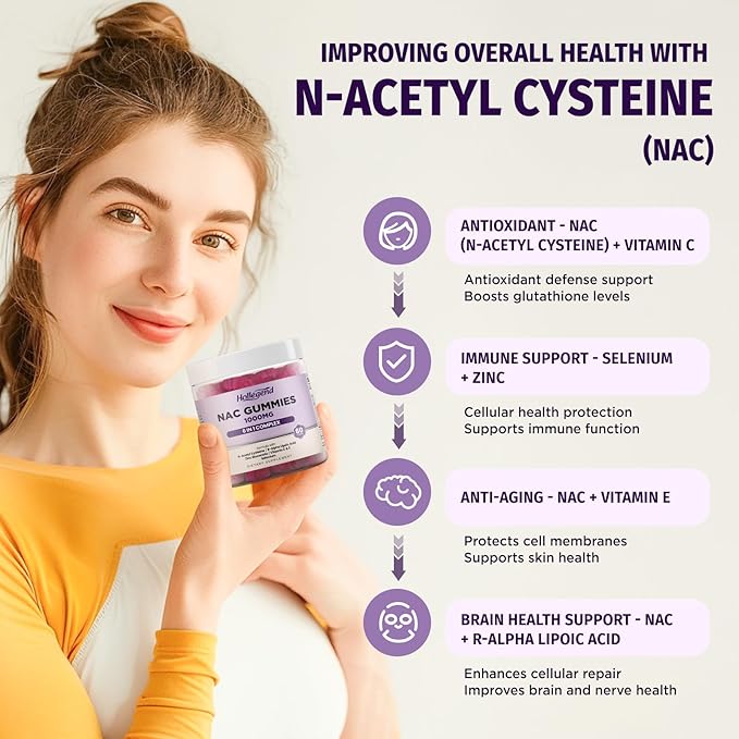 6 in 1 NAC Gummies, Chewable N Acetyl Cysteine 1000mg Supplement for Kids & Adults, with ALA, Zinc, Vitamin C & E, Selenium, Support Antioxidant & Immune System, Blueberry Flavor, Sugar Free, 60 Ct