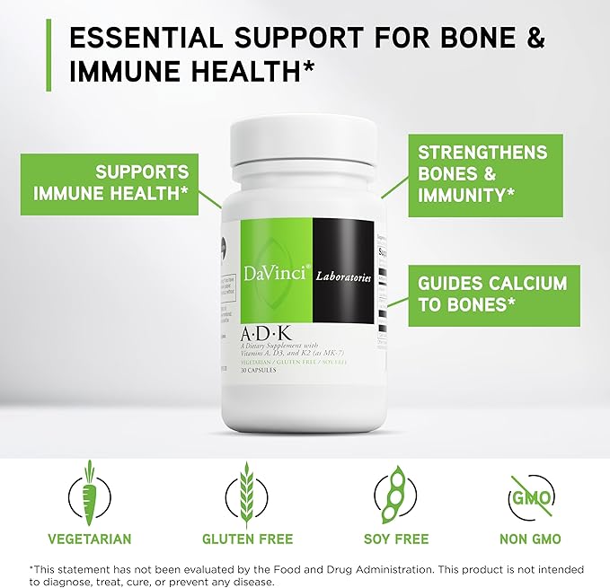 DAVINCI Labs ADK - Helps Support Bone, Heart & Immune Health - Dietary Supplement with Vitamins A, D3 & K2 (as MK-7) - Vegetarian, Gluten Free & Soy Free - 60 Capsules