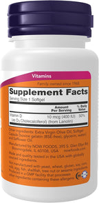 NOW Supplements, Vitamin D-3 400 IU, Strong Bones*, Structural support*, 180 Softgels