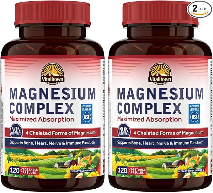 Vitalitown Magnesium Complex Supplement 500mg - NSF Certified Magnesium Glycinate, Malate, Taurate & Citrate - Chelated High Absorption & Gentle on Stomach - Vegan Non-GMO 2 Packs 240 Capsules