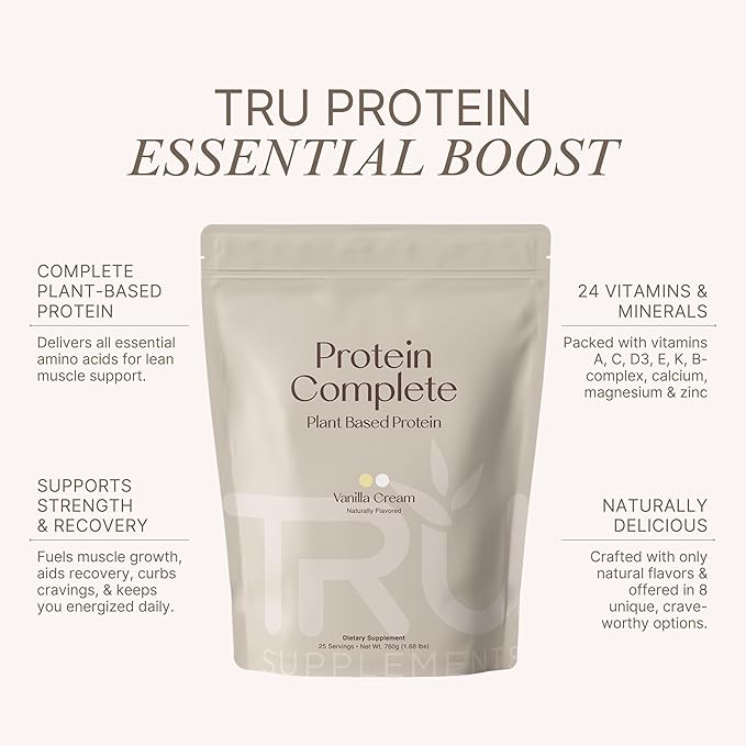 TRU Supplements Plant Based Protein Powder, BCAA, EAA, 20g Vegan Brown Rice & Pea Protein, 100 Calories, 27 Vitamins, No Artificial Flavors 25 Servings (Vanilla Cream)