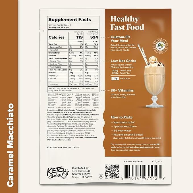 Keto Chow Caramel Macchiato - Keto Meal Replacement Shake Powder - Nutritionally Complete - Low Carb - Delicious Easy Meal Substitute - Protein Rich You Choose The Fat - Single Meal Sample