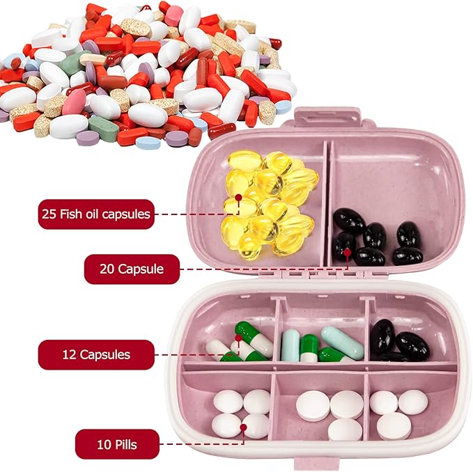 1Pack Travel Pill Organizer, 8 Compartments Portable Pill Case, Small Pill Box for Pocket Purse Portable Medicine Vitamin Container Pink