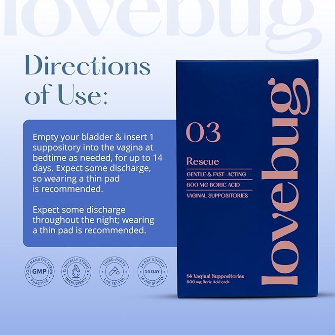LoveBug Women's Health Rescue Vaginal Boric Acid Suppositories for Women - Fast Acting Suppository for Odor, Discharge, Yeast, and pH Balance with Coconut Oil, Hyaluronic Acid & Vitamin E, 14 ct