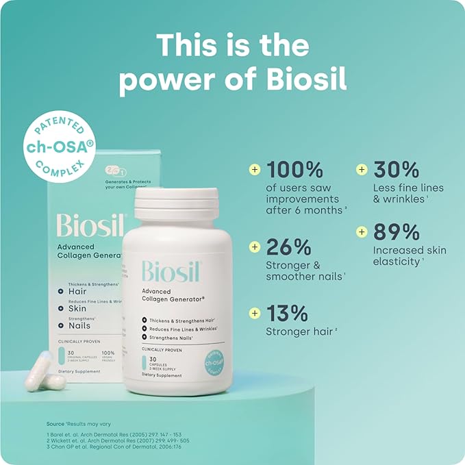 Biosil Collagen Booster Supplement - 180 Original Capsules - Patented ch-OSA Activator for Skin, Hair, Nails & Joints - Supports Natural Production - 90-Day Supply