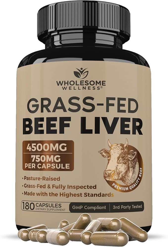 Wholesome Wellness Grass Fed Desiccated Beef Liver Capsules (180 Pills, 750mg Each) - Natural Iron, Vitamin A, B12 for Energy - Raised Undefatted in New Zealand Without Hormones or Chemicals