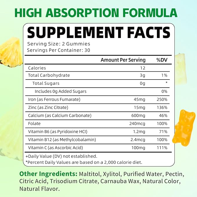 Pack of 2 Iron Gummies for Women & Men, Iron Supplement Plus Calcium, Zinc, Folate & Vitamin B12, C, B6 - Energy Support, Immune Health, Pineapple Flavor, 120 Count