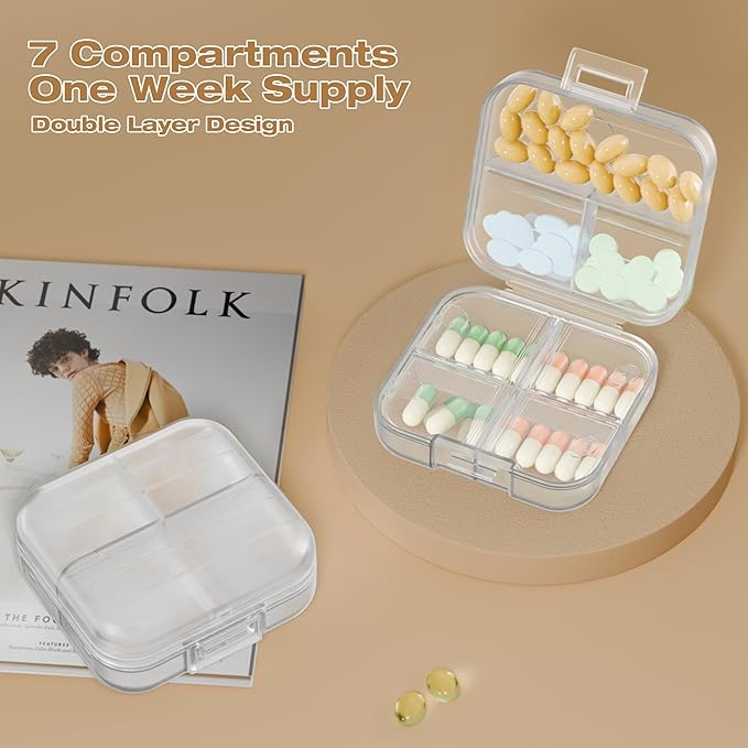Small Travel Pill Box, Double Layer 7-Compartments Pill Organizer, 3.1" x 3.1" x 1.4" Portable Weekly Pill Case Container for Pocket, 7 Day Compact Medicine Holder for Vitamins, Fish Oils Clear