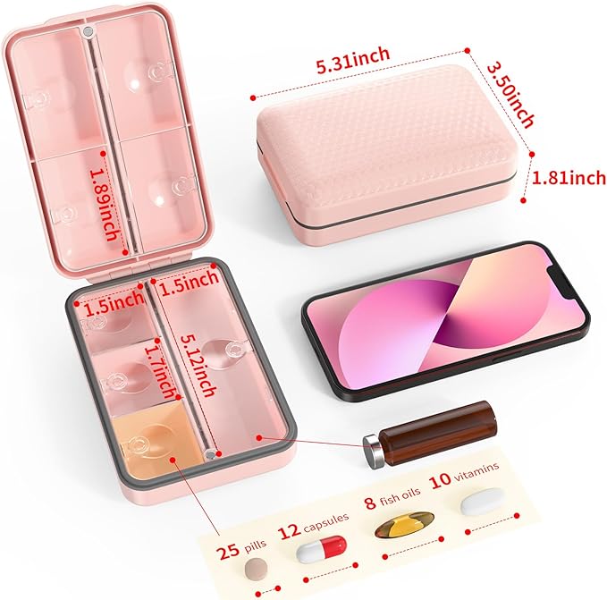 Restree Weekly Pill Organizer 8 Compartment, [Triple Seal Magnetic Lock] Travel Pill Case with Labels & Inner Lid, Moisture Proof for Vitamins, Fish Oil, Supplements, Daily Meds – 7+1 Large (Pink)