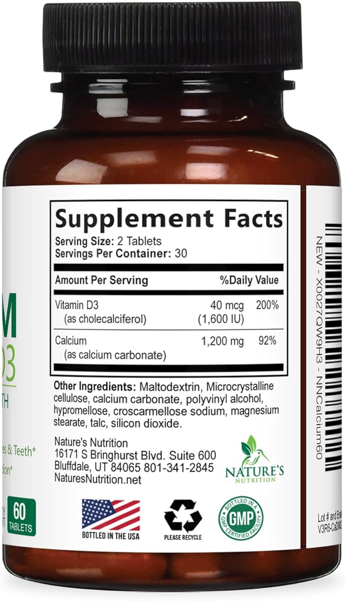 Calcium Supplement with Vitamin D3-1200 mg Calcium per Serving with D3 for Best Absorption - Supports Immune Health, Bones & Teeth - Nature's Calcium is Bottled in USA for Women & Men - 60 Tablets