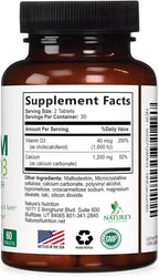 Calcium Supplement with Vitamin D3-1200 mg Calcium per Serving with D3 for Best Absorption - Supports Immune Health, Bones & Teeth - Nature's Calcium is Bottled in USA for Women & Men - 60 Tablets
