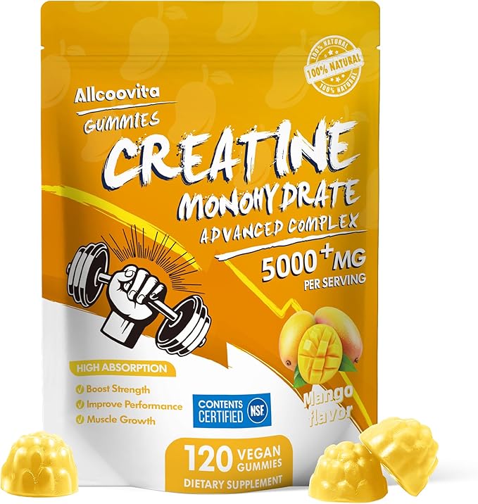Allcoovita Creatine Monohydrate Gummies 5g for Men & Women. Boost Focus,Strength, and Endurance, Anti-Melting Formula, Vegan, Gluten-Free, Non-GMO,(Mango 120 ct)