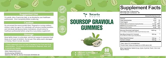 Totaria (2 Packs) Sugar Free Soursop Oil Graviola Sea Moss Gummies - Support Digestive Sleep Skin Health, Immunity & Antioxidant - Guanabana Fruit with Sea Moss, 150mg Black Seed Oil Non-GMO Vegan