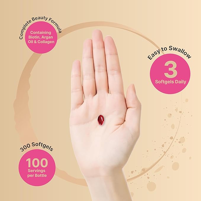 NatureBell Hair, Skin & Nails* Vitamins for Women – 5000mcg Biotin, Collagen, Keratin, Hyaluronic Acid, Argan Oil & B‑Complex – 21‑in‑1 Formula with MCT Oil, 300 Softgels (100 Days Supply)