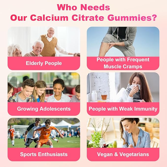 Calcium Citrate Gummies - Chewable Calcium Gummies for Bone, Muscle, Teeth, Immune Support, High Absorption Calcium Supplements for Women & Men Sugar Free Strawberry Flavor 60 Count