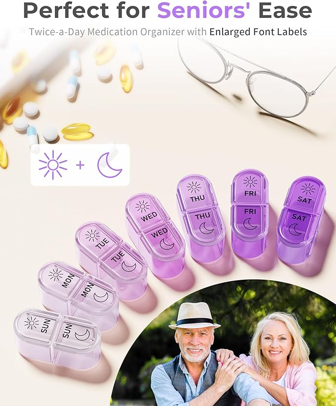 Pillex Pill Organizer, Am & Pm Pill Organizer 7 Days, Weekly Pill Case 2 Times a Day, Cute Pill Box 7 Day, Medicine Organizer for Travel, Vitamins, Fish Oils, Supplements (Gradient Pink-Purple)