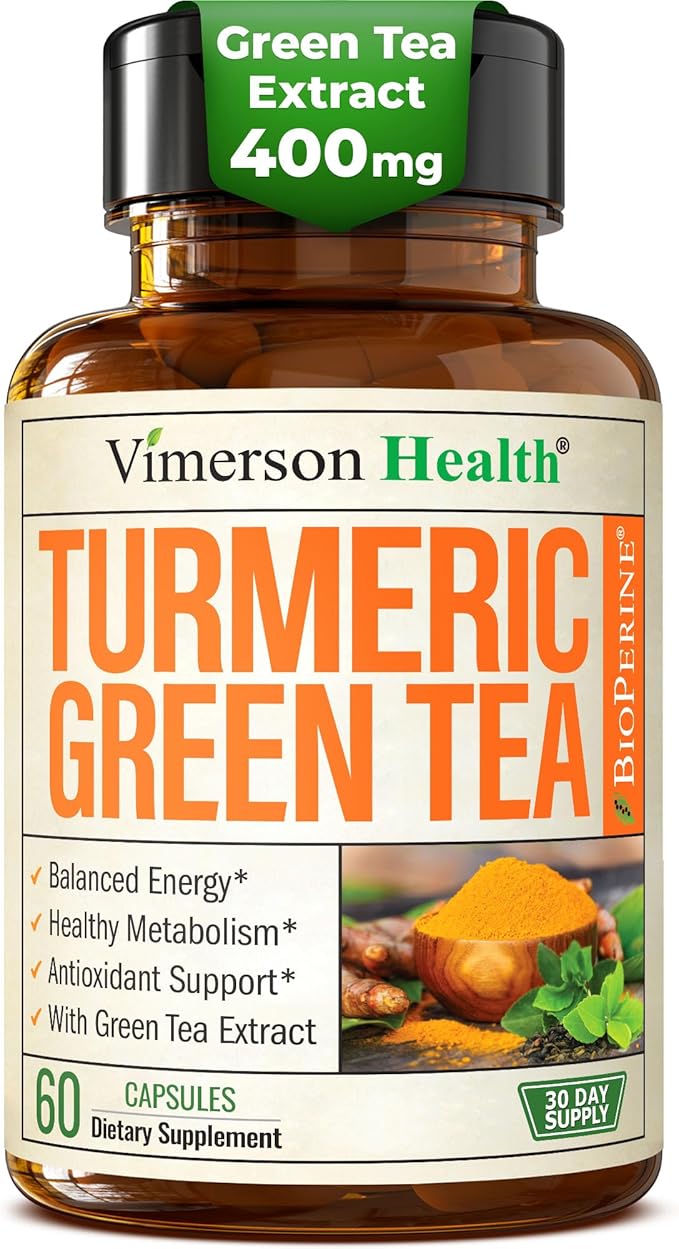 Turmeric Curcumin Supplement with Green Tea Extract (ECGC) & Vitamin C for Joint Health, Energy & Inflammation Balance - Organic Tumeric Curcumin with Black Pepper - Gluten-Free, Non-GMO - 60 Capsules