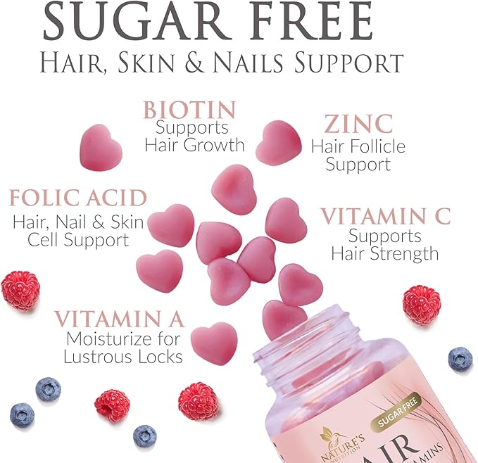 Hair Vitamins Gummies - Sugar Free Hair Growth Support Gummy with Biotin 5000 mcg Per Serving, Vitamin A, B12, C, D, E, Folic Acid - Supports Strong Beautiful Hair and Nails, Vegetarian - 120 Gummies