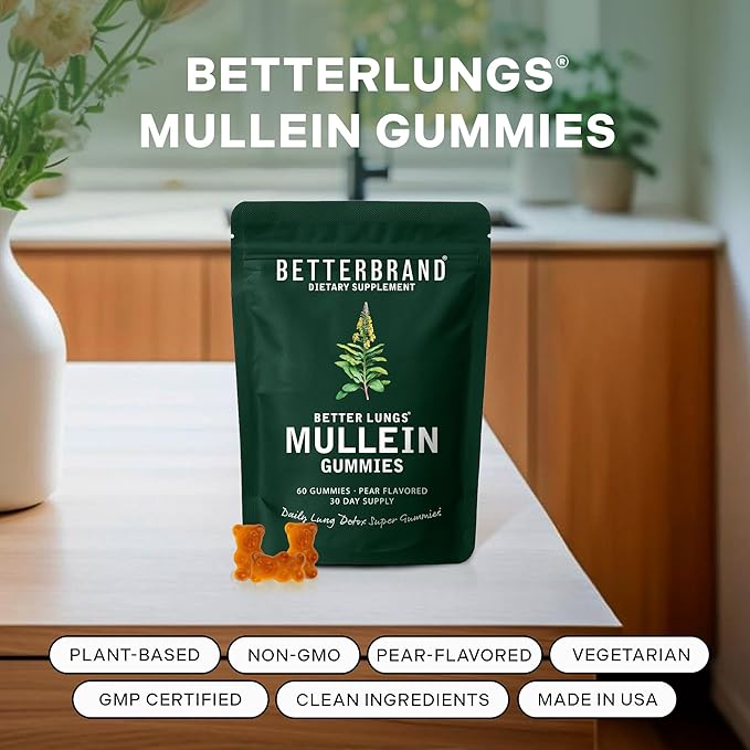 Betterbrand Mullein Chewable Gummies for Lung Cleanse and Detox, Respiratory Health Supplement, 1000mg Mullein Extract per Serving, 180 Gummies - 90 Day Supply - Pear Flavored