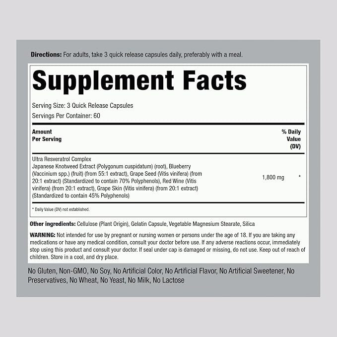 Piping Rock Resveratrol Complex | 180 Capsules | Grape Seed Extract | Non-GMO, Gluten Free Supplement