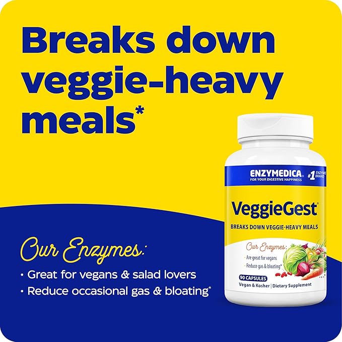 Enzymedica, VeggieGest, Digestive Enzymes, Supports Occasional Gas & Bloating Relief from High Fiber Meals, for Vegan & Vegetarian Diets, Enzyme Blend for Digestive Health, 90 Count