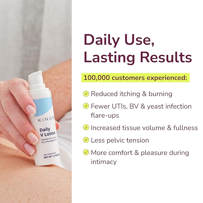 Kindra Daily V Vaginal Moisturizer Lotion - OBGYN Recommended for Dryness & Itch, with Hyaluronic Acid, Prevents Infection & Odor - Estrogen-Free Cream, pH-Balanced Feminine Care - 60 Applications