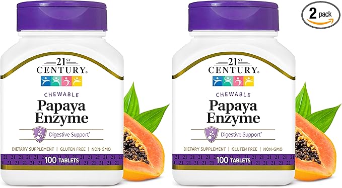 21st Century Papaya Enzyme Chewable (100 Count), Papaya & Pineapple Digestive Enzymes for Gut Health, Tropical Flavor, Non-GMO, Gluten-Free, No Added Salt, Artificial Flavors (Pack of 2)