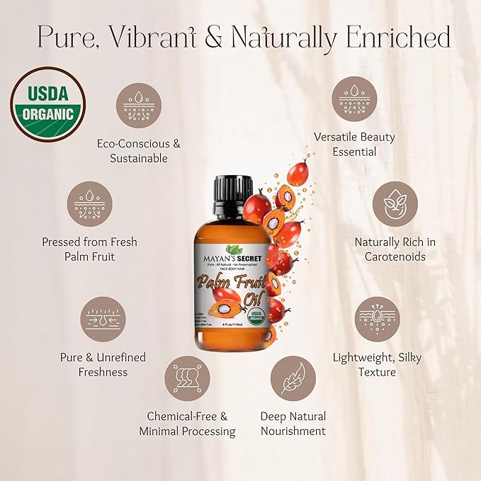 Pure Carrier and Essential Oils for Skin Care, Hair, Body Moisturizer for Face-Anti Aging Skin Care (Palm Fruit Oil Organic, 4oz)