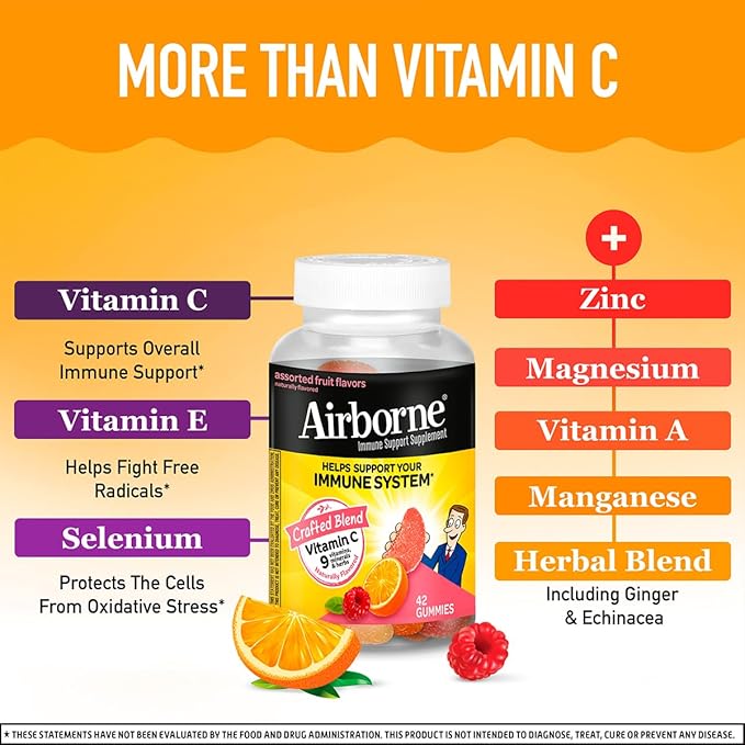 Airborne 750mg Vitamin C Immune Support Supplement Gummies for Adults, Assorted Fruit Flavor, Gluten Free Crafted Blend with Powerful Antioxidants Vitamins A C & E, 42 Gummies (2 Pack)
