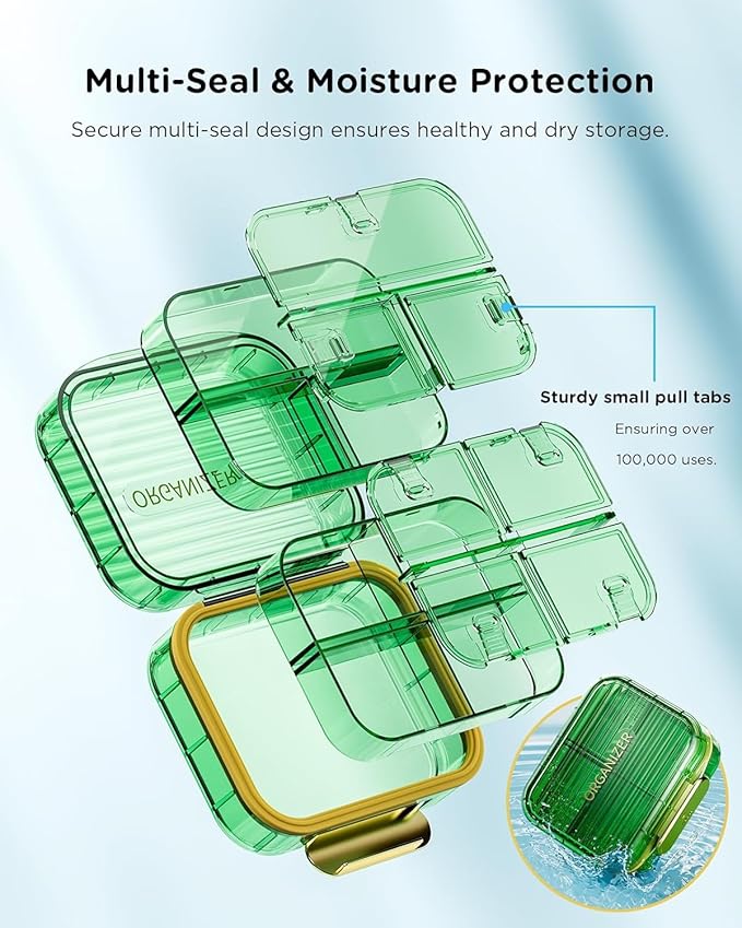 Small Pill Box, Acedada Travel Pill Case for Purse, Portable 7 Compartments Daily Pill Organizer, Compact Medicine Vitamin Container for Fish Oil & Supplements, Light Green
