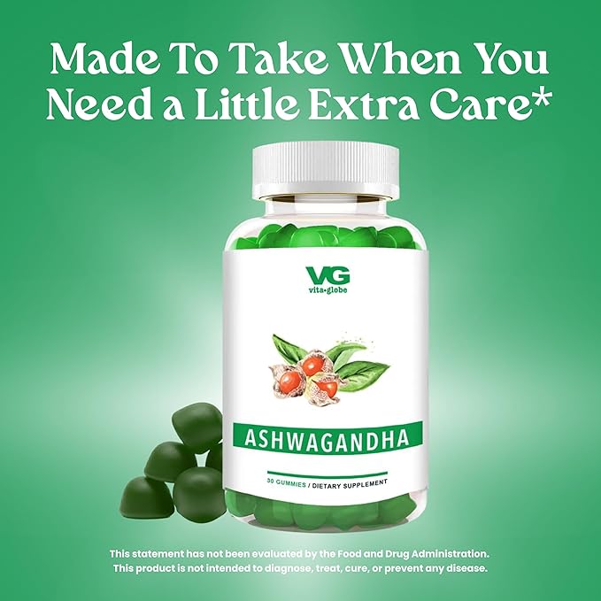 VITA GLOBE Ashwagandha Gummies 25mg with Vitamin D2 100mcg and Zinc 2mg, Ashwagandha for Men and Women, Supplement for Everyday Wellness, Mood Balance and Immune Nutrition, 60 Count, 2 Pack