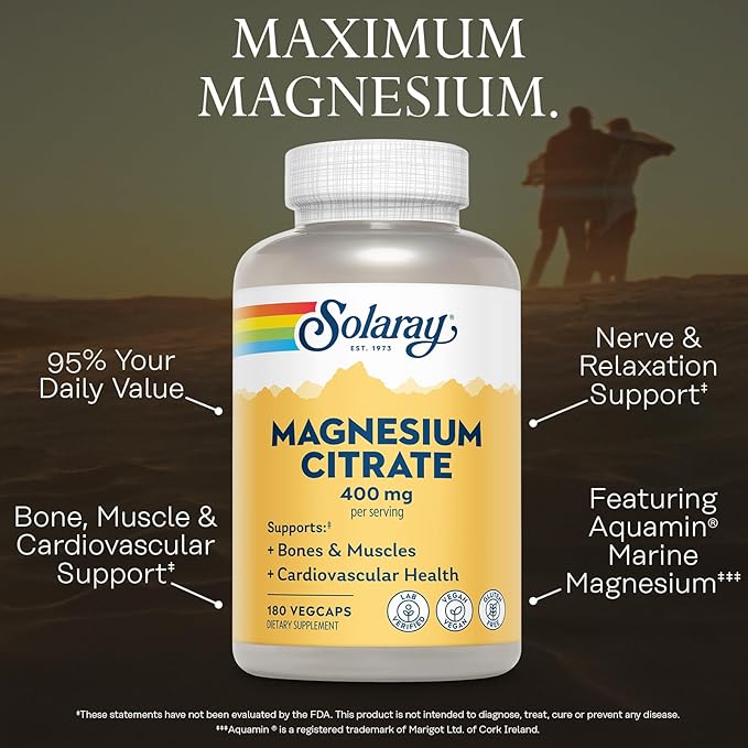 SOLARAY Magnesium Citrate 400mg - Magnesium Supplement - Bone Health, Muscle, Relaxation and Heart Health Support - Vegan, Gluten Free - 60 Servings, 180 VegCaps