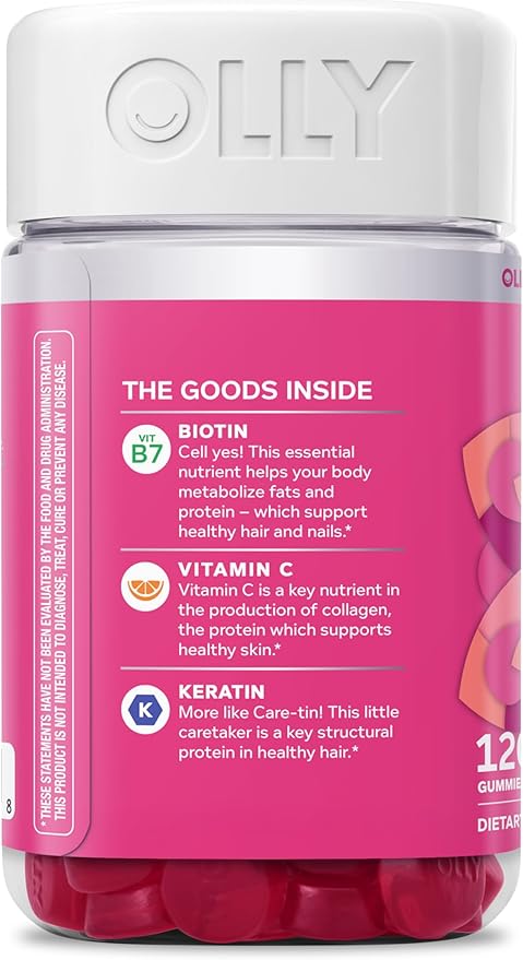 OLLY Undeniable Beauty Gummy, for Healthy Hair, Skin & Nails,* Biotin, Vitamins C & E, Keratin, Chewable Supplement, Grapefruit Flavored, 60 Day Supply - 120 Count