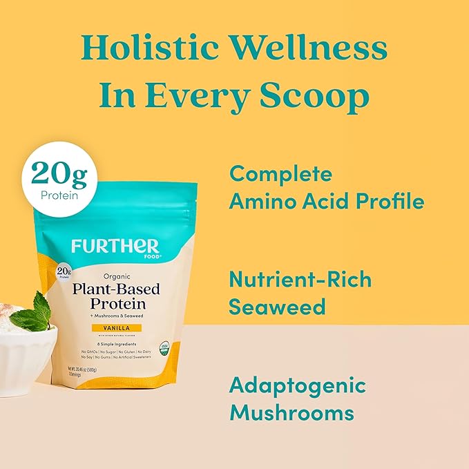 Further Food Organic Vegan Protein Powder Vanilla – 20g Pea Protein with Mushrooms & Seaweed, Non-GMO, Gluten Free, Sugar Free, 20.46 Oz