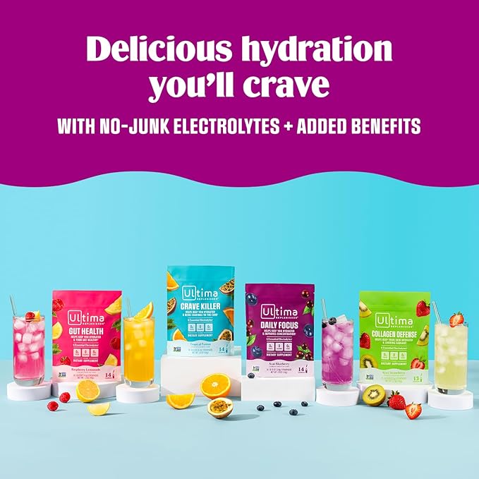 Ultima Replenisher Collagen Defense Supplement and Electrolytes Powder - Kiwi Strawberry, 13 Stickpacks - Hydration Packets with Dermaval and Biotin that Keep Your Skin Hydrated and Looking Radiant