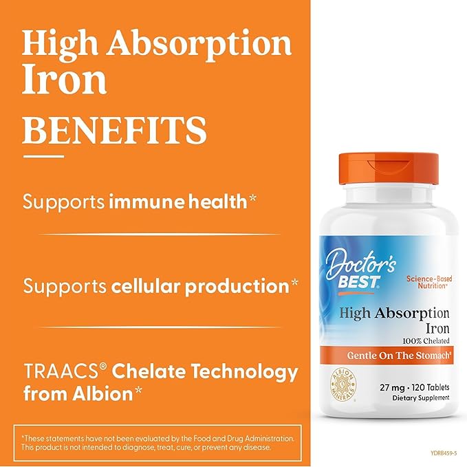 Doctor's Best High Absorption Iron Tablet with Ferrochel, Gentle on The Stomach, Immune Health, Blood Health, 27 mg