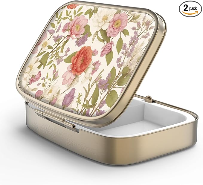 Pill Case Pill Box with Mirror Retro 2 Compartment Small Pill Case for Purse or Pocket Bronze Rectangular Pill Box or Vitamins, Fish Oil, Supplements, Pill Containe Travel Gifts（Retro Red Flowers）