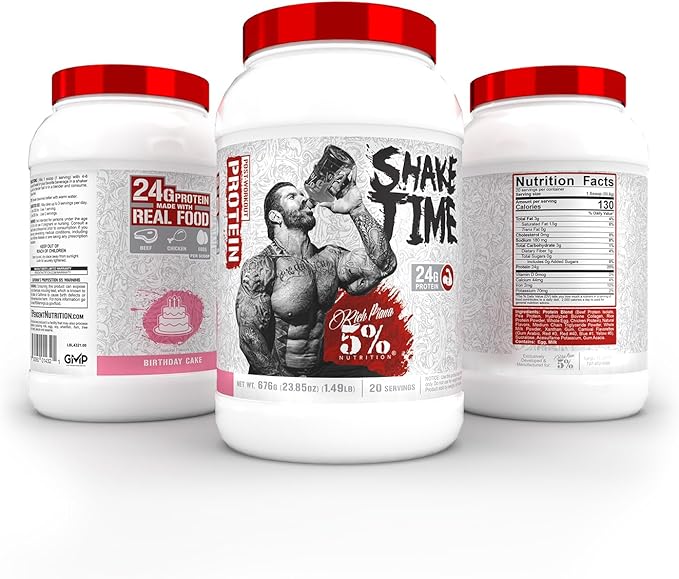 5% Nutrition Rich Piana Shake Time | 24g Animal Based Protein Drink | Grass-Fed Beef Isolate, Chicken, Whole Egg | No Sugar or Soy (Birthday Cake)
