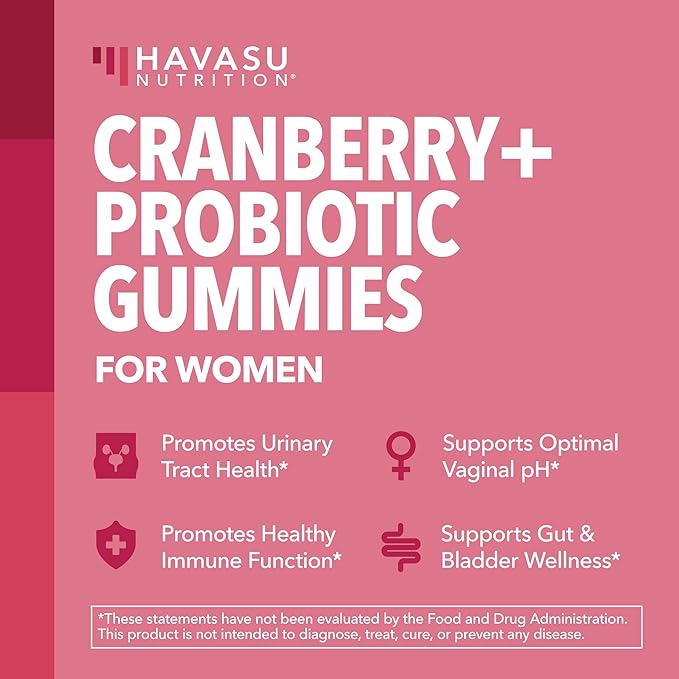 Probiotic Cranberry Gummies for Women - Urinary Tract Health and pH Balance - 1 Billion CFU of Lactobacillus for Bladder Support and Vaginal Wellness - Cran-Raspberry Flavor, 60 count, 1-Month Supply