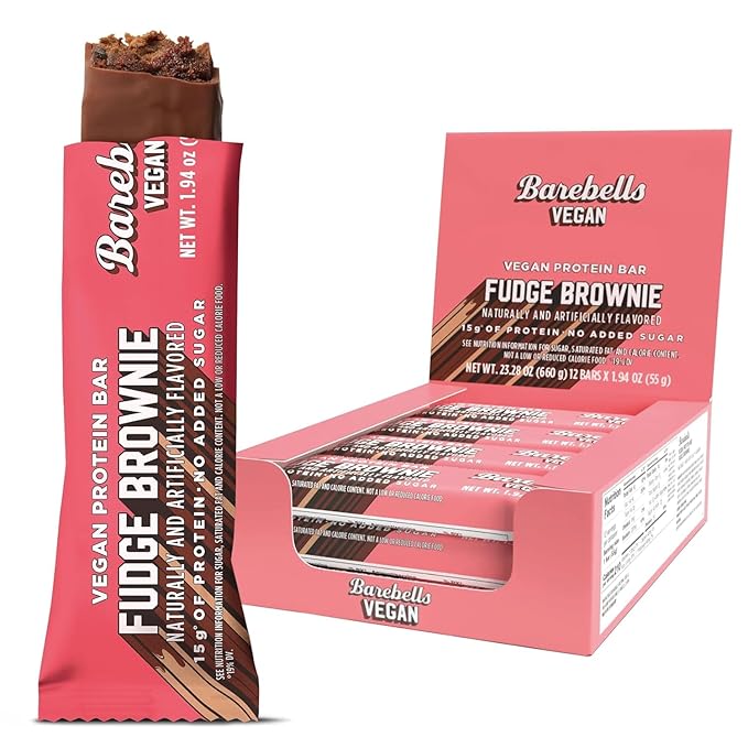 Barebells Vegan Protein Bars Fudge Brownie, Plant Based with High Protein - Chocolate Protein Bars - Perfect on The Go Protein Snack & Breakfast Bars 12 Count (Pack of 1)