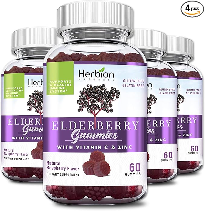 HERBION Elderberry Gummies with Vitamin C & Zinc, Healthy Immune System Support, Gluten-Free & Gelatin-Free, 60 Gummies for Adults & Children 4 Years & Above, Made in USA, Pack of 4