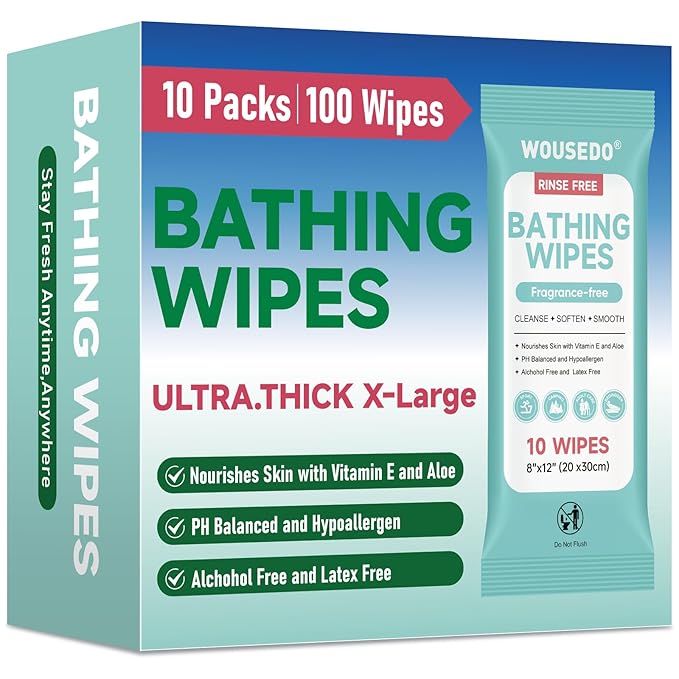 No Rinse Bathing Wipes for Adults - Extra Thick 8x12 Inch Disposable Shower Wipes, Hypoallergenic Unscented Body Cleansing Cloths for Bed Bath, Hospital, Travel, Camping - 100 Count(10 Packs)