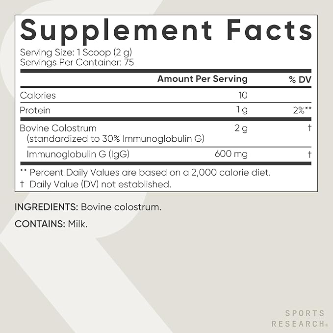 Sports Research® Bovine Colostrum Powder – Easy to Mix Superfood – Immunity Support & Gut Health w/ 30% IgG Antibodies - U.S. Sourced · Non-GMO · Gluten Free - 75 Servings (Unflavored)