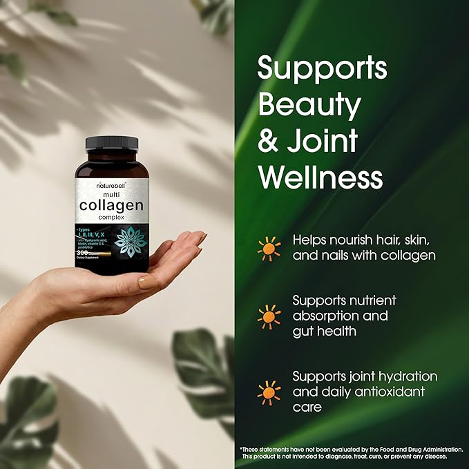 NatureBell Multi Collagen Complex - 300 Capsules - 5 Collagen Peptides (Type I, II, III, V, X), Hyaluronic Acid, Biotin & Probiotics - Hair, Skin, Nail, Joint & Gut Health Support*