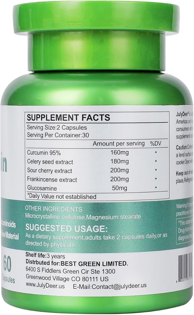 JulyDeer Curcumin Turmeric Complex 2 Bottles with Celery Seed, Sour Cherry, Frankincense Extract, Glucosamine, 95% Curcuminoids for Joint Health, Antioxidant, Immunity Support - 120 Capsules